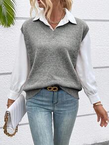 EMERY ROSE Casual Versatile Solid Color Knit Vest - Grey - View 4