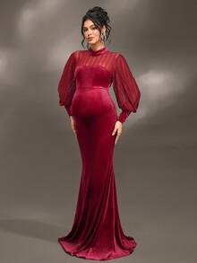 Cheriluna Maternity Maternity Long Sleeve Stand Collar Backless Fishtail Dress, Suitable For Christmas Party, Elegant Party, Baby Shower - Burgundy - View 5