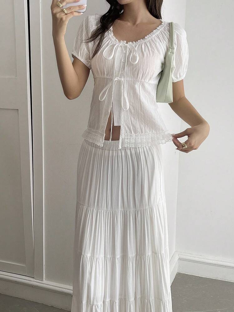 DAZY 女士夏季圆领短袖系带休闲度假衬衫 - 白色 - 查看 6