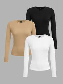 Tseoso Bộ 3 áo thun dài tay ôm dáng màu đen trắng, thích hợp cho mùa thu đông, 95% cotton - Nhiều màu - Xem 10