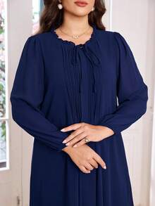 Lacomfia Plus Size Women Loose Casual Ruffle Collar Tie Waist Long Sleeve Dress - Navy Blue - View 6