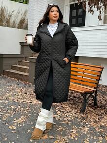 SHEIN EZwear Plus Size Women's Quilted Casual Jacket With Pockets,Black Raglan Sleeve Long Winter Clothes,Suitable For Autumn/Winter Hiking Streetwear Coats - Black - View 4