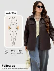 SHEIN LUNE 大码女式纯色PU皮革长袖单排扣休闲实用口袋夹克 - 巧克力棕 - 查看 3