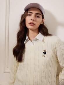 Briarwyn 秋冬装 Old Money 风格女式 V 领长袖休闲百搭麻花图案毛衣、返校装、运动服、复古女装、保暖毛衣 - 米色 - 查看 8