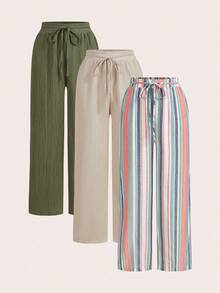 SHEIN Essnce 3pcs Plus Size Women Casual Waist Tie Pockets Straight Leg Pants Set, Suitable For Summer, Striped Fabric, Cool Wear, Easy Comfort, Casual Wear, Boho