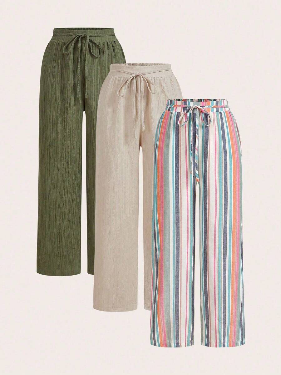 SHEIN Essnce 3pcs Plus Size Women Casual Waist Tie Pockets Straight Leg Pants Set, Suitable For Summer, Striped Fabric, Cool Wear, Easy Comfort, Casual Wear, Boho