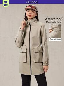 OutZeal 女士防水可拆卸风帽拉链口袋抽绳腰部连帽长款户外夹克徒步露营
