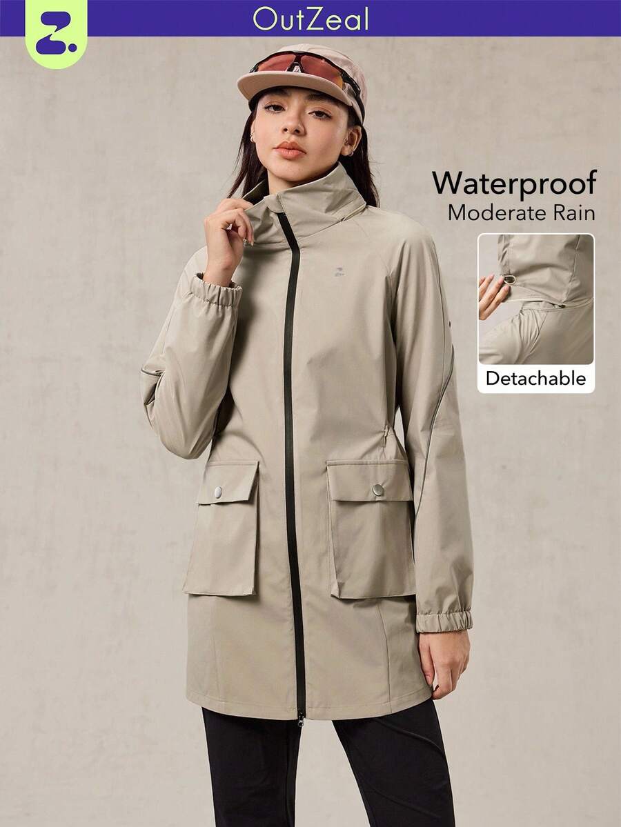 OutZeal 女士防水可拆卸风帽拉链口袋抽绳腰部连帽长款户外夹克徒步露营