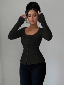 SHEIN LUNE قميص نسائي أنيق بلون أحادي ونسيج مزخرف مع أزرار أمامية، خريفي - الأسود - مشاهدة 3