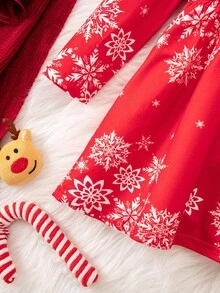 SHEIN Cute Christmas Cartoon Pattern Knitted Long Sleeve Dress For Baby Girl - Red - View 4