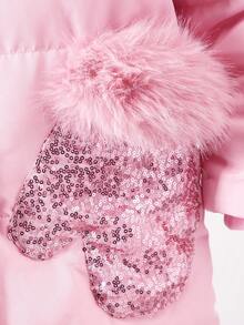 SHEIN 1pc Girls' Pink Hooded Padded Coat With Pockets And Sequin Design, Mid-Length, Suitable For Autumn/Winter - Pink - View 4