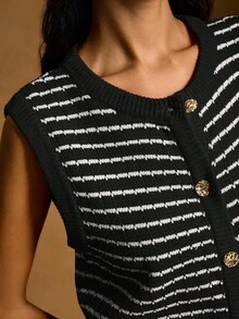 Poéselle 女士无袖条纹休闲纽扣针织毛衣背心秋冬女装 - 黑與白 - 查看 5