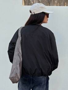 DAZY 撞色毛领宽松休闲街头厚夹克，女士秋冬夹棉大衣 - 黑色 - 查看 2