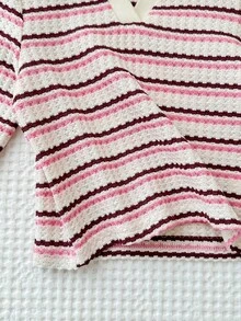 SHEIN LMoss Kids Babygirl 领口条纹短款修身 T 恤，女童秋季休闲装 - 彩色 - 查看 5