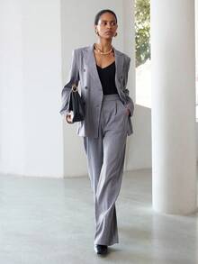 Lumivelle 2025秋冬新品女装高端奢华职业通勤经典灰条纹设计西装套装，都市精致条纹灰色西装套装配阔腿裤，2件套双排扣纯色深灰色复古条纹西装外套+条纹西装裤套装 - 灰色 - 查看 4