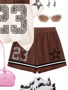 SHEIN Tween Girl Casual Minimalist Short Sleeve Shorts 2pcs Set, Suitable For Summer Teen Girl Brown Set Teen 2 Piece Set Teenage Girl Clothes Leopard Print 2 Piece Set 2 Piece Shorts Set Teen - Multicolor - View 5