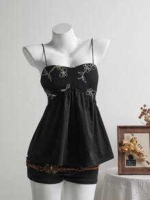 Elamini Women's Summer Casual Plant Embroidery Sleeveless Top - Black - View 5