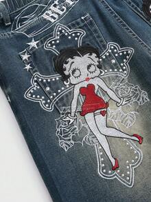 Betty Boop | ROMWE Quần jeans ống rộng thêu họa tiết hoạt hình giặt thường ngày cỡ lớn - Màu xanh lam - Xem 9