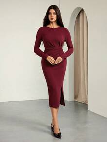 SHEIN Tall 女士休闲圣诞节/情人节红色心形图案开衩扭纹长袖修身中长连衣裙格子女裙 - 酒紅色 - 查看 6