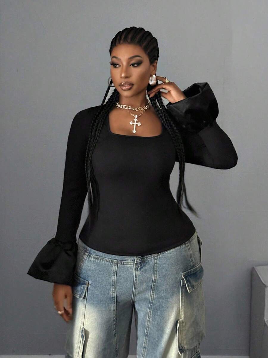 Maweii Camiseta ajustada de talla grande para mujer con decoración de botones de color contrastante, de estilo minimalista y casual para uso diario