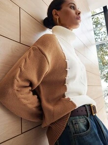 Chiquease 女士休闲时尚简约百搭宽松撞色领套头衫，秋冬 - 駝色 - 查看 4