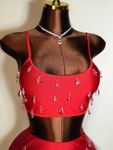 BamGleam 女士性感水晶亮片吊带背心和紧身裙两件套 - 紅色 - 查看 6