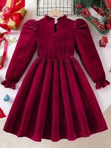 SHEIN Young Girls Velvet Long-Sleeve Dress, Ruffle Collar Bow Decor Button Detail A-Line Swing For Christmas Party Family Burgundy Autumn Elegant Birthday - Burgundy - View 2