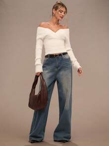 SHEIN BAE Women's Solid Color Minimalist Off-Shoulder Long Sleeve Sweater, Everyday Wear,Winter,Women's Winter Clothes , Fall Clothes For Women,Autumn Outfits For Women,Autumn Clothes For Women,Women's Winter Sweater ,Halloween ,Halloween Costume For Women,Christmas ,Christmas Sweater, Christmas Clothes For Women,New Year ,Party ,Elegant ,Casual,Fluffy Tops, Sexy Sweaters, Sexy White Sweaters, White Casual Sweaters, White Knit Top,Cozy Fall And Winter Clothes For Women