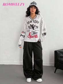 2pcs/Set Teenage Girls V-Neck Sweatshirt,Striped Letter Print T-Shirt & Cargo Sweatpants For Autumn,Back To School Black And White,Streetwear,Holiday - Black and White - View 4