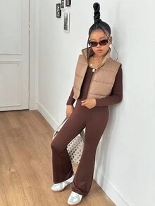 SHEIN Conjunto de chaqueta de forro polar gruesa caqui de cuello alto recortada y mono de pierna acampanada informal para niña preadolescente, adecuado para otoño/invierno, uso interior y exterior - Marrón - Ver 3