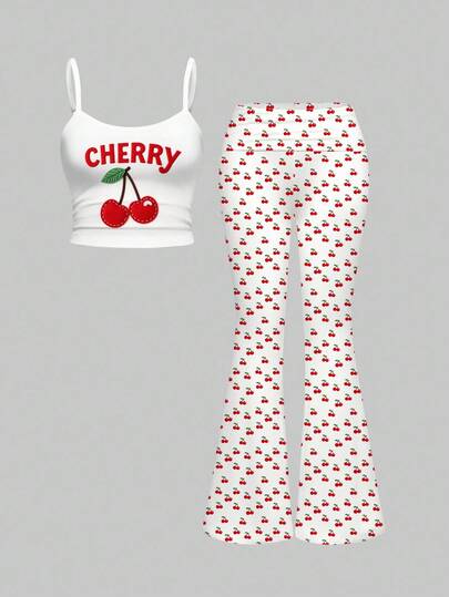 Kawaii 2 pièces/Set Femmes Débardeur Sexy à Imprimé Slogan Cerise et Feuille et Pantalon Évasé à Taille Basse