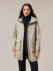 OutZeal 女士防水可拆卸风帽拉链口袋抽绳腰部连帽长款户外夹克徒步露营