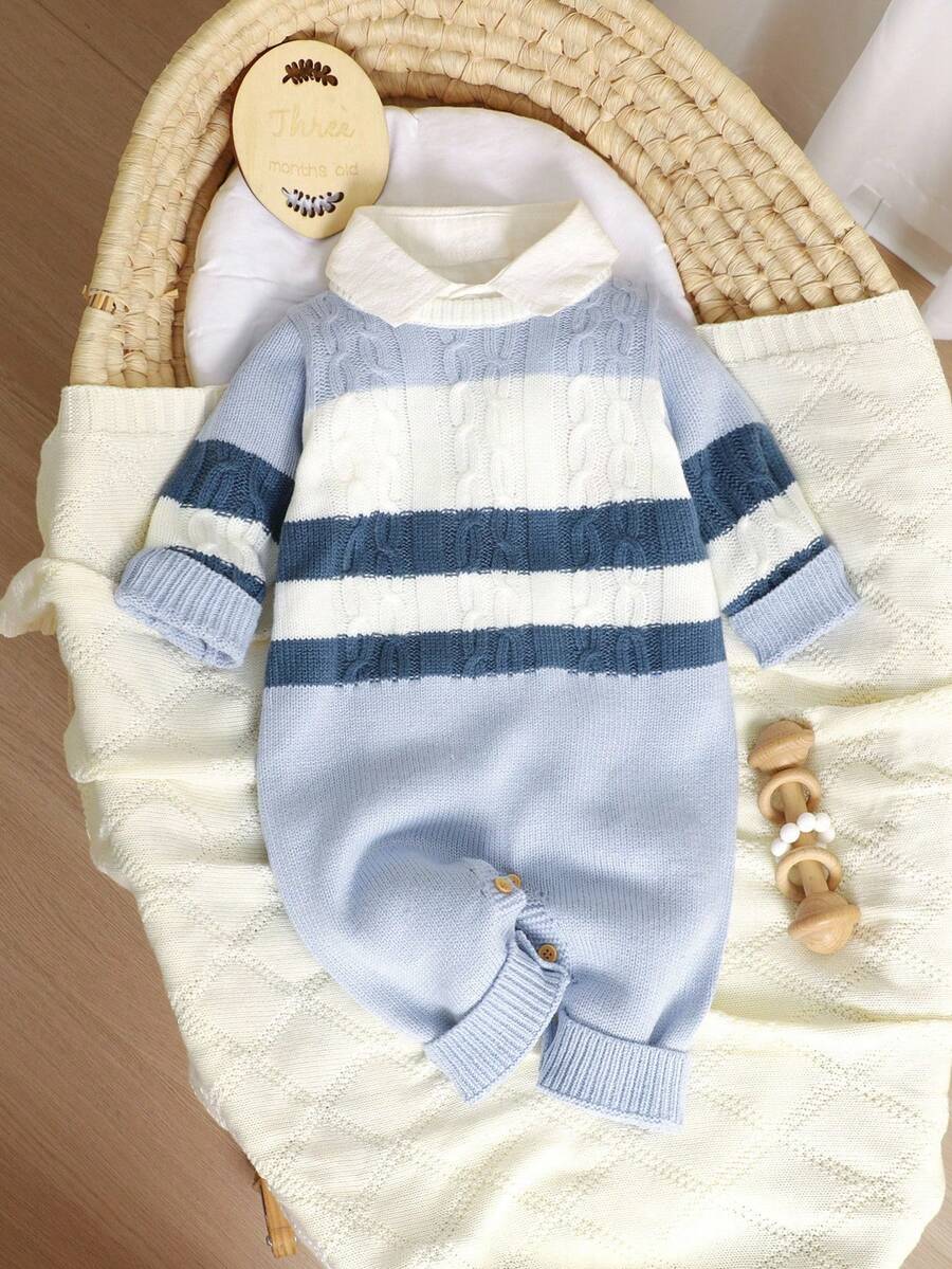 SHEIN 婴儿条纹和扭纹针织连体衣，经典圆领长袖连体衣，新生儿简约时尚连体衣 - 藍色 - 查看 1