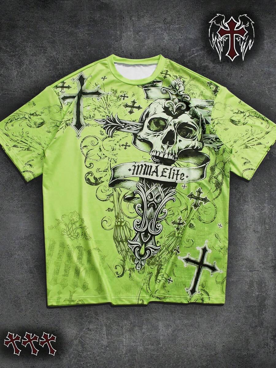 Manfinity Dauomo 男士圆领骷髅图案朋克街头风格短袖 T 恤 - 彩色 - 查看 1