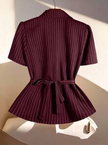 Franclia Women's Lapel Neck Short Sleeve Fashionable Striped Pleated Shirt - Burgundy - View 2