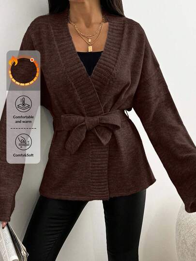 EURMUSE Women Solid Color Dropped Shoulder Long Sleeve Loose Tie-Front Casual Cardigan