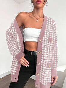 EURMUSE Women's Casual Houndstooth Pattern Dropped Shoulder Loose Button-Up Cardigan, Autumn/Winter,Long Cardigans Woman,Petite Cardigans,Cardigans - Dusty Pink - View 3