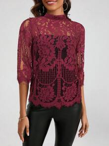 Amorya Women's Spring Stand Collar Lace Top