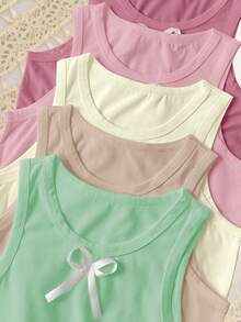 5pcs Girls' Sleeveless White Vest With Cute Bow Design, Stretchy, Machine Washable, Comfortable Fit, Casual Matching Outfits (5 Pieces Sold Separately) Fall Winter - Multicolor - View 5