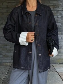 DAZY 女式翻领宽松撞色条纹袖口都市休闲牛仔夹克和外套 - 深色水洗藍 - 查看 2