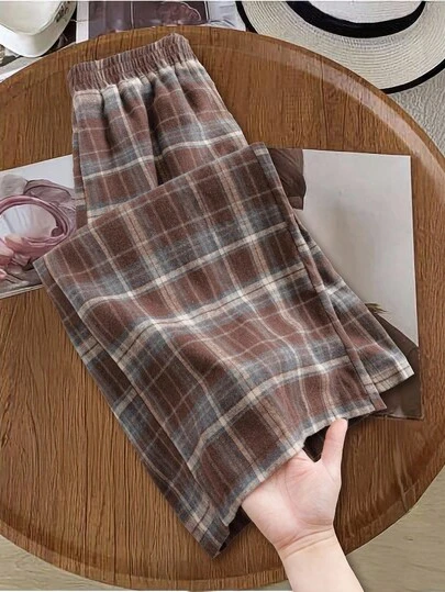 Rusticease 女士格子休闲灯芯绒裤 棕色裤子，乡村圣诞节秋季新年格子圣诞冬季