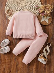 SHEIN Infant/Toddler Girls Rabbit Bow Pattern Long Sleeve Top And Pants Sweater Set Fall Winter - Baby Pink - View 2
