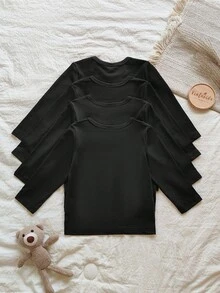 SHEIN 男婴多件套纯色圆领长袖T恤，适合春秋季穿着。款式休闲、简约、舒适百搭。秋冬季亦可穿着。 - 黑色 - 查看 2