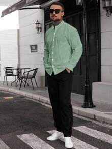 Manfinity CasualCool Áo sơ mi nam tay dài đơn giản, tối giản, màu trơn - Màu xanh Bạc hà - Xem 3