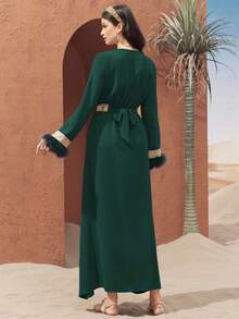 Al Najma Women's Colorblock V-Neck Raglan Sleeve Elegant Long Tunic Dress