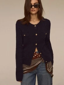 ATUI Studio Women's Vintage Round Neck Long Sleeve Knitted Cardigan, Fashion, Simple, Versatile, Casual Style Loose Knit Sweater For Autumn