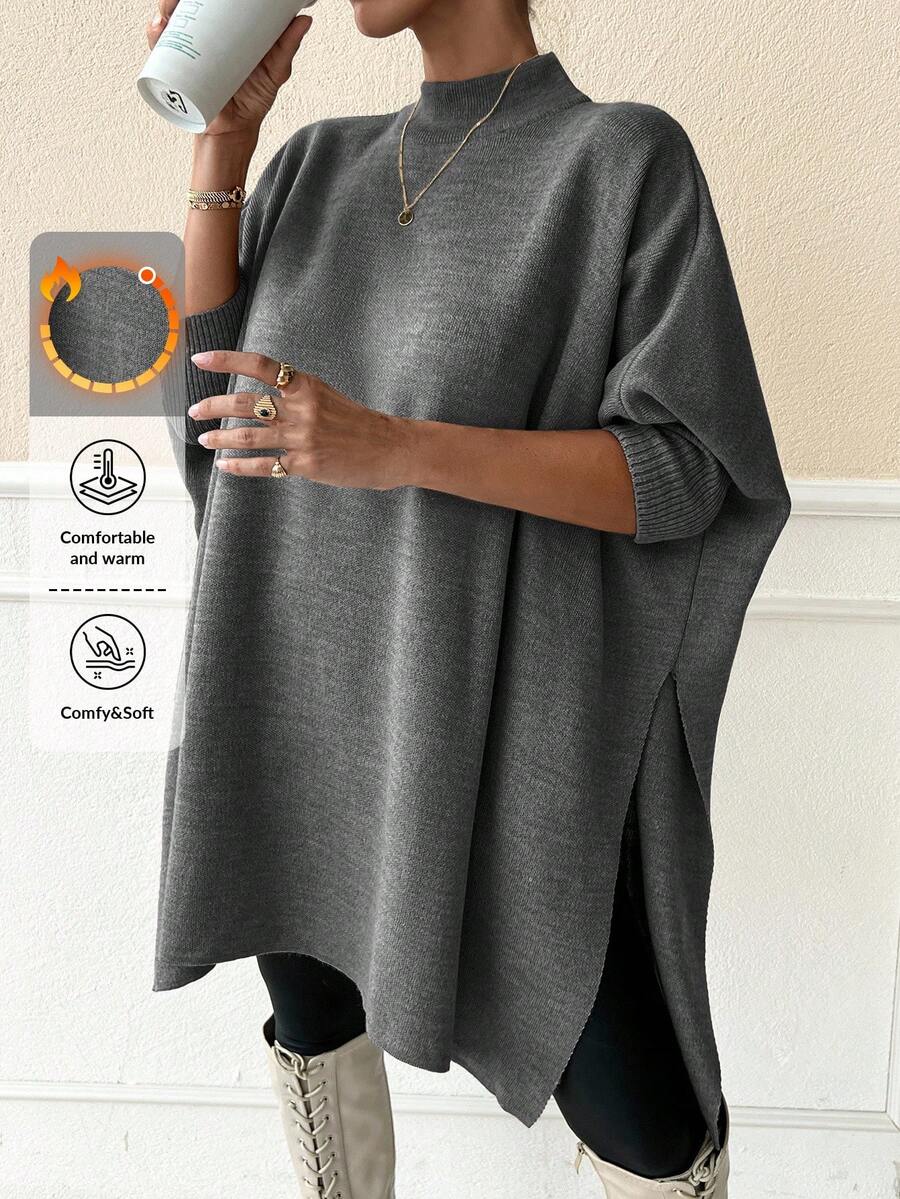 EURMUSE Women Solid Color Mock Neck Half Sleeve Oversize Pullover - Grey - View 1