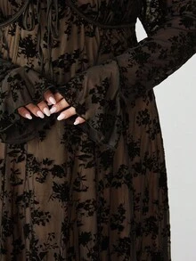 SHEIN CURVE+ 大码蕾丝优雅长袖透视连衣裙/秋冬 - 黑色 - 查看 8