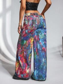 SHEIN CURVE+ Plus Size Colorful Print Casual Denim Jeans - Multicolor - View 2