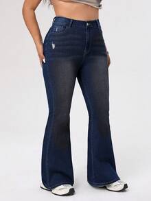 SHEIN EZwear Plus Size Distressed Slim Fit Flare Leg Jeans - Blue - View 6